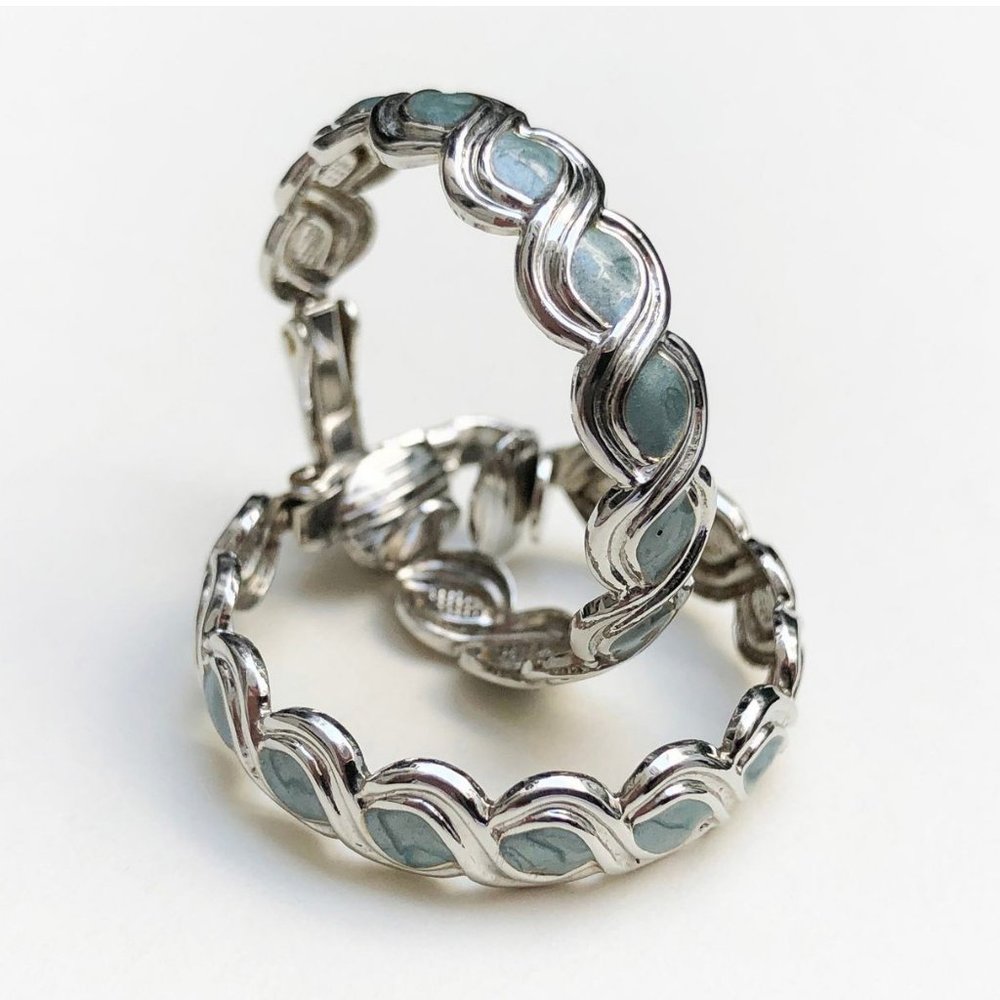 Chunky blue enamel hoops, medium size silver clip on earrings, elegant jewelry